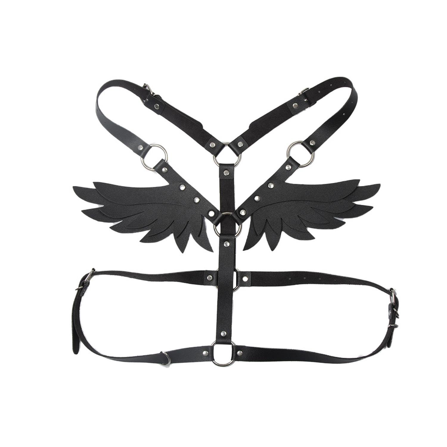 Kanat Tasarımlı Deri Harness Gövde Aksesuarı Siyah